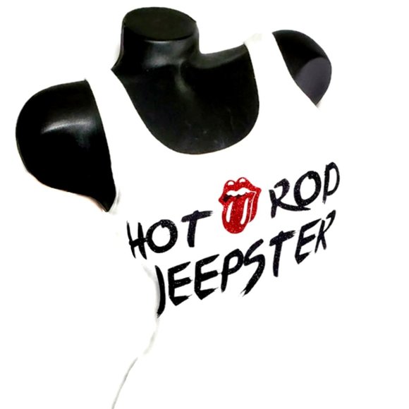 Fashion Junky Tops - Hot Rod Jeepster on a White Fitted Tank.